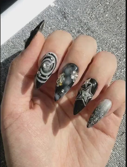 Gothic Black Cat Galaxy Press On Nails for Bold Girls | Handmade Silver Star Fake Nails | Dark Smoky Crystal Nail Art | OB286E