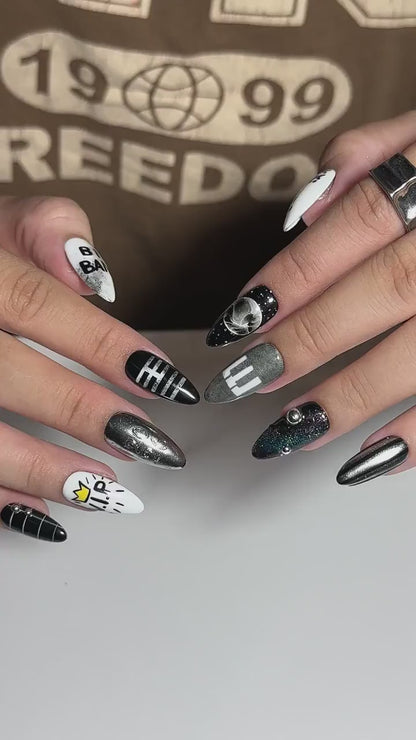 Kpop Concert Press On Nails with Silver Chrome | Black White Crown Nail Art | Korean Pop Fan Nails for Concert, Music Festival | OB503UC