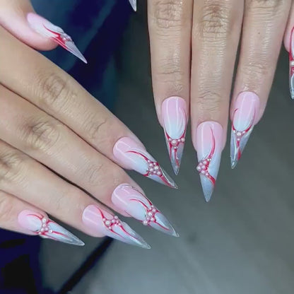 Red Silver Flame Press On Nails | Elegant Long Nail Art | Luxury Red Silver Fake Nails | Silver Flame Press Ons | Long Nails | HC148YK