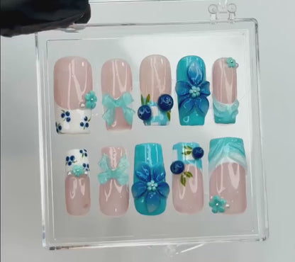 3D Blue Flower Press on Nails | Elegant Blue Floral Nail Art | Handmade Summer Nails | Gift for her | Summer Vibes | Beach nails | HB967DK