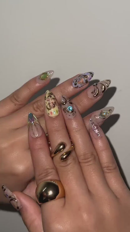 Baroque Angel Press On Nails for Vintage Lovers | Angel Art Nude Nails | Gold Scroll Luxury Press Ons | Antique Aesthetic Nails | OB1009HC
