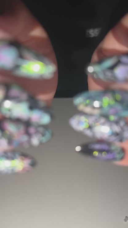 Black Iridescent Floral Press On Nails, Holographic Butterfly Nail Art, Gothic Botanical Nails, Peacock Feather Long Almond Manicure|OB710XT