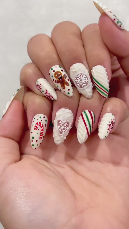 Candy Sweater Christmas Press On Nails | Snowflake Winter Nail Art | Red Green Stripe Holiday Nails |3D Cable Knit Nail | HB1212EC
