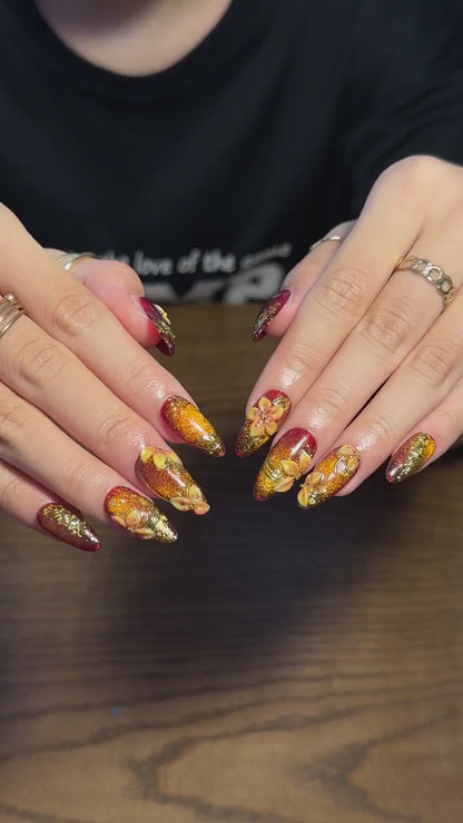 Fall Press On Nails, Burgundy Gold Nails, 3D Floral Nails, Luxury Autumn Nails, Handmade Fake Nails ,OB673WC