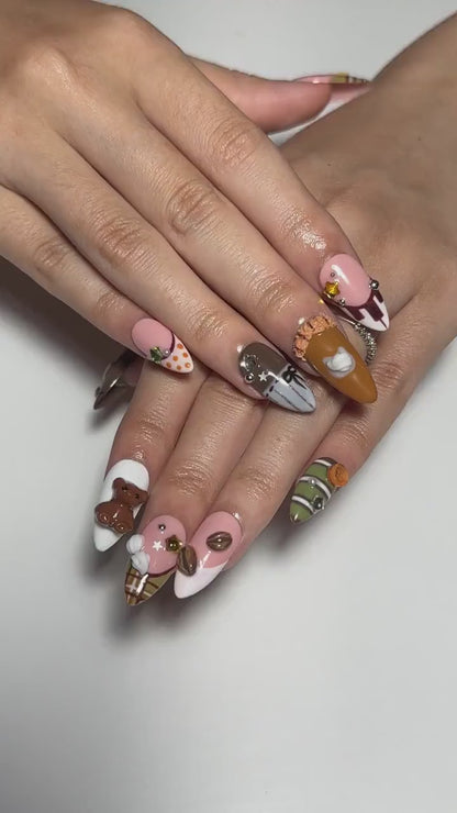 Kawaii 3D Teddy Bear Press On Nails, Coffee Bean Nails, Cute Fall Plaid Almond Nails, Handmade Cozy Coffee Nail Art | OB731XA
