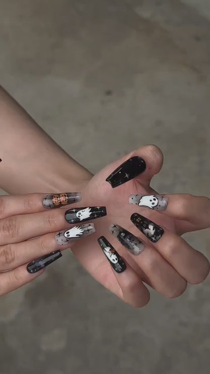 Halloween Press On Nails with Ghost & Pumpkin Design | Spooky Black White Fake Nails | Handmade Nail Art for Halloween Party | OB481UG