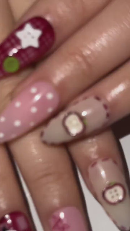 Kawaii Teddy Bear Press On Nails | Cute Teddy & Button Nail Art | Handmade Kawaii Nails | Pink Plaid Press Ons | Cute Core Nails | OB1022H