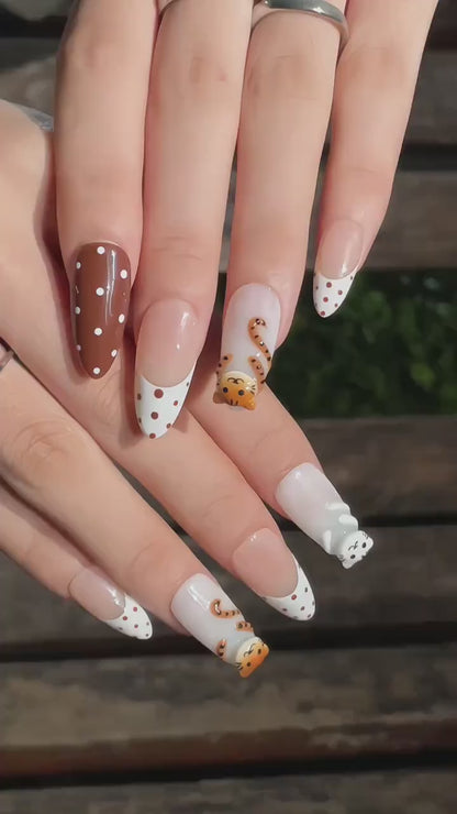 Cute Cat Press On Nails | Kawaii Animal French Tip Nails | Brown Neutral Dot Nails | Handmade Almond Nail Set | OB442U