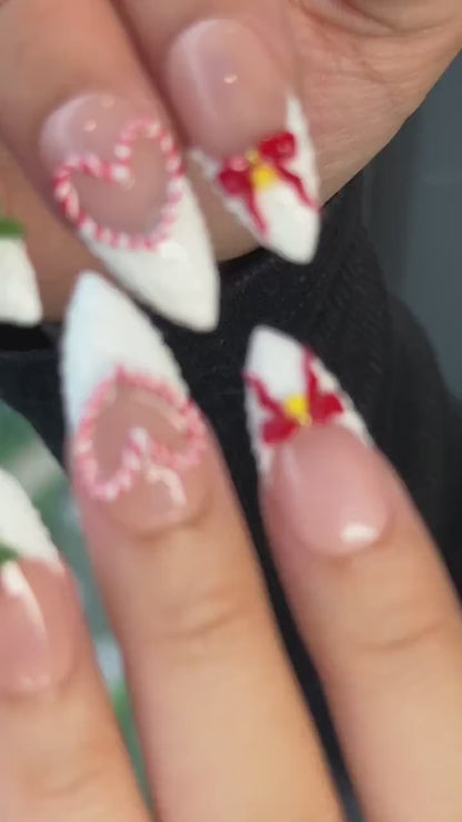 Winter Wonderland Press On Nails For Christmas | 3D Christmas Cookie Nail Art | Red White Holiday Nails | Gingerbread & Bow Press Ons | HB1197HC