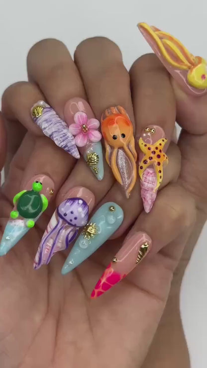 3D Sea Creature Press On Nails | Jellyfish Octopus Turtle Nail Set | Cute Tropical Ocean Nails | Handmade Summer Manicure | OB455JG