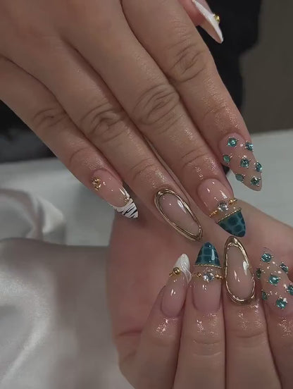 Blue Gem Nude Press On Nails for Luxury Women | Modern Gold Press Ons | Almond Luxury Nails | Chic Designer Inspired Nails | OC293HC