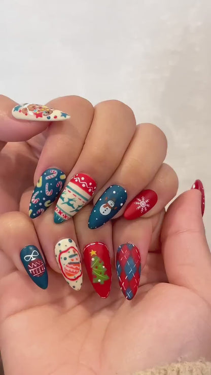 Cozy Teddy Christmas Press On Nails | Festive Winter Nail Art | Cute Bear & Snowman Art | Red Navy Candy Cane Nails | JB234EC