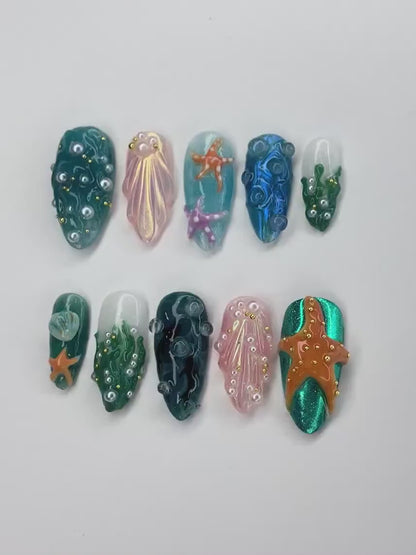 3D Tropical Beach Press On Nails | Ocean-Themed with Seaweed, Seashells, and Starfish | Handmade Press On Nails | JB316SL