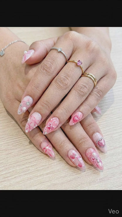 Press On Nails with Pink Ribbon & Heart Charm Design, Handmade Long Glossy Fake Nails for Romantic Coquette Look or Aesthetic Statement Nails