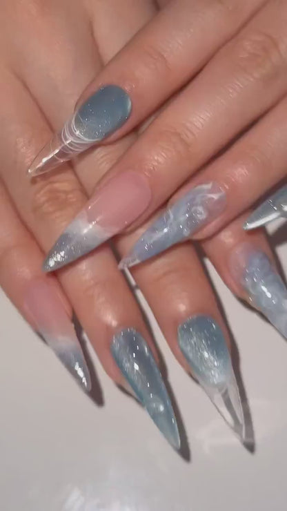 Icy Blue Ocean Press On Nails | Blue Stiletto Nails for Women | Clear French Tip Crystal Nails | Bridal Luxury Nails| Elegant Nails|OC1277HC
