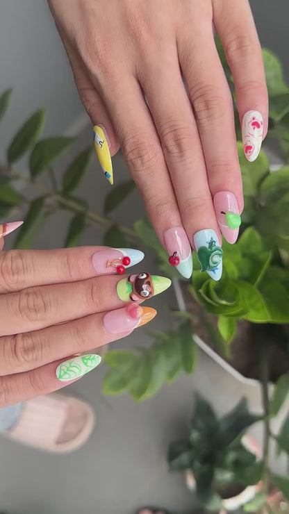 Cozy Game Press On Nails with Cute Animal Charms | Pastel Island Life Almond Nails | Kawaii Gamer Nail Art for Gaming Lover Gift | OB500UC