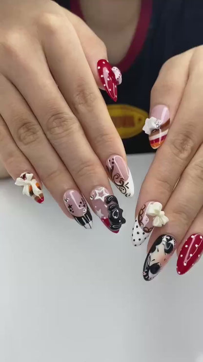 Coquette Press On Nails with Teddy Bear & Ribbon | 3D Vintage Fake Nails in Almond Shape | Handmade Cute Nails for Date, Everyday | OB472UC