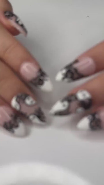 Ghost & Roses Halloween Press On Nails | Black Lace Rose Nail Art | White Halloween Nails | Handmade Spooky Glam Press Ons | JC129HC