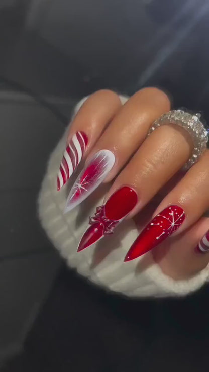 Red Christmas Press On Nails | Red Glitter Holiday Nails | Festive Winter Nail Art | Sparkling Christmas Press Ons| Holiday Glam Set|JC236HC