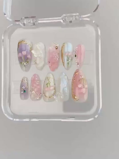 Dreamy Press On Nails Almond | Jelly Pastel Tulip Nail Art | 3D FairyCore Flower Press Ons | Romantic Nail Art in Fake Nails | HD347T