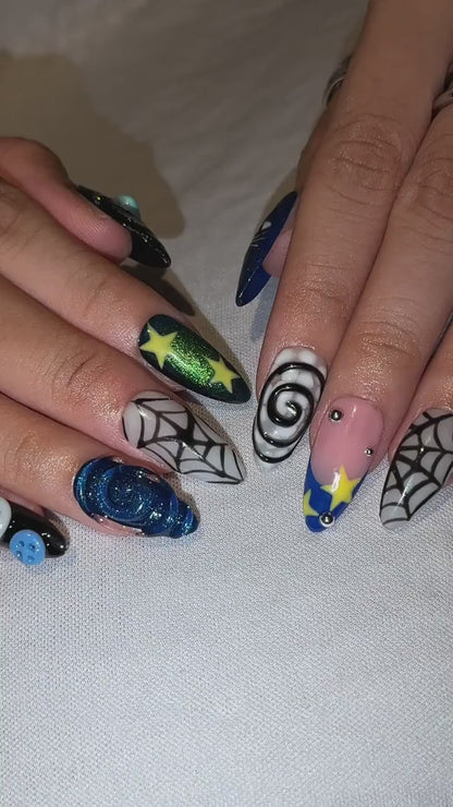 Dark Fantasy Press On Nails with Button Eyes | Spider Web & Galaxy Art | Spooky 3D Nail Set | OB556UC