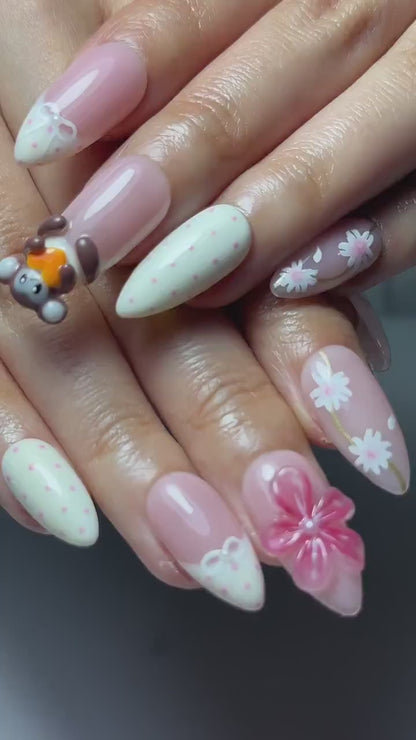 Soft Pink Mokey Press On Nails | Cute Bow & Daisy Nail Art | Kawaii Nails | Elegant Spring Nail Design| Handmade Romantic Press Ons| JC329HC