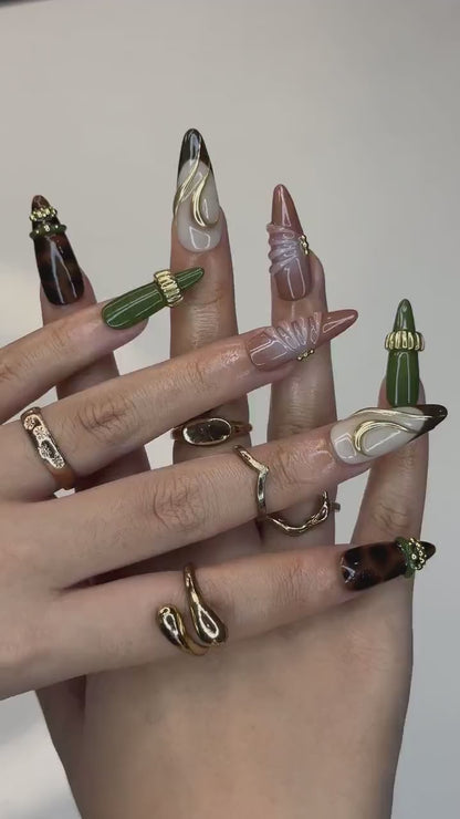 Olive Green & Tortoise Shell Nails | 3D Gold Hardware Press Ons | Luxury Dark Academia Stiletto Art | Handmade Designer | OB1341IK