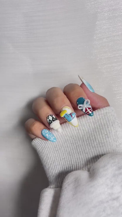 Snowy Penguin Christmas Press On Nails | Teal & Gold Nail Art | Cute Penguin Nails | Winter Snowflake Press Ons | Holiday Nails | JB223HG