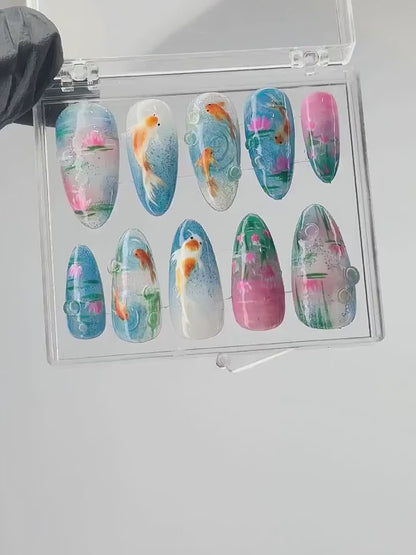 Ocean-Inspired Press On Nails | Hand-Painted Koi Fish Press On Nails | Floral Lotus Nail Art | Ocean Nails | Summer Press On nails | HB432TL