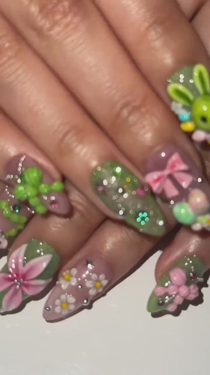 Bunny Garden Press On Nails | 3D Easter Rabbit Nails | Cute Pastel Floral Nails | Kawaii Green Pink Nails | Handmade Press Ons | OB1031HC