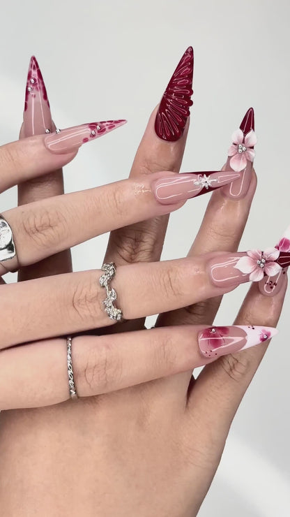 Deep Lily & Crimson Ripple Nails | 3D Floral Dark Red Press Ons | Luxury Moody Romantic Burgundy Stiletto Art | OB370IC