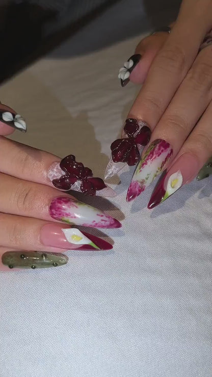 Floral Press On Nails with 3D Burgundy Flowers | Calla Lily & Olive Green Art | Botanical Statement Nails | OB557UC