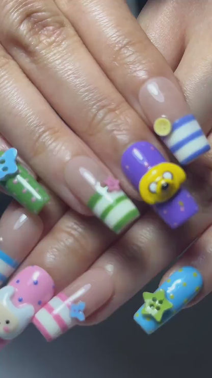 Adventure Time Press On Nails | Finn & Jake Cartoon Nails | Cute Kawaii Character Nail Art | Colorful 3D Nails | Fun Press Ons | JB331HC