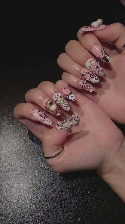 Cute Aesthetic Press On Nails | Kawaii Charm Nail Set | Y2K Inspired Handmade Nails | Pink Brown 3D Statement Nails | OB450UC