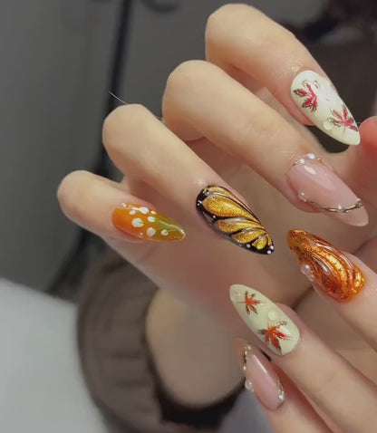 Autumn Maple Leaf Press On Nails | Fall Gold Glitter Nail Art | Orange & Cream Cozy Nails | Elegant Pearl Accent Nails |JB208EC