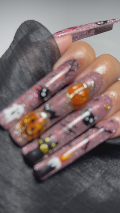 Cute Halloween Press On Nails | Pink Glitter Nail Art | Pumpkin Ghost Cat Nails | Spooky Cute Long Nails | Handmade Fake Nails