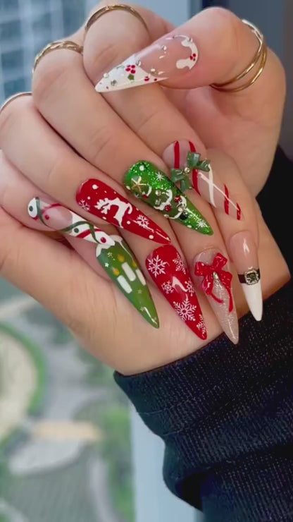 Cozy Knit Christmas Press On Nails | Red Green Holiday Nail Art |Festive Tree & Ribbon Design| Candy Cane And Snowflake Design | HB1195EK