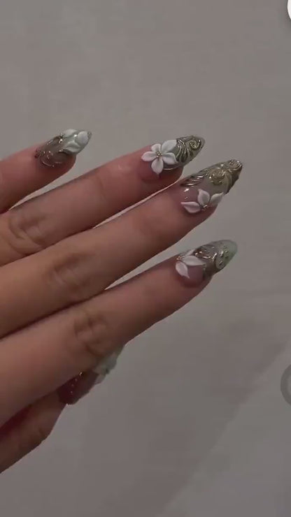 3D White Blossom Gold Press On Nails | Nude Green Luxury Stiletto Nails | Handmade Elegant Nail Art | Classic Luxury Press Ons | OB301EC