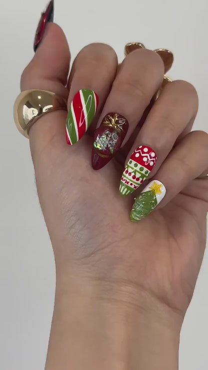 Christmas Reindeer Red Press On Nails | Red Green Christmas Nail Art | Snow & Tree Design| Holiday Glitter Nails| Winter Press Ons| HB1200HC
