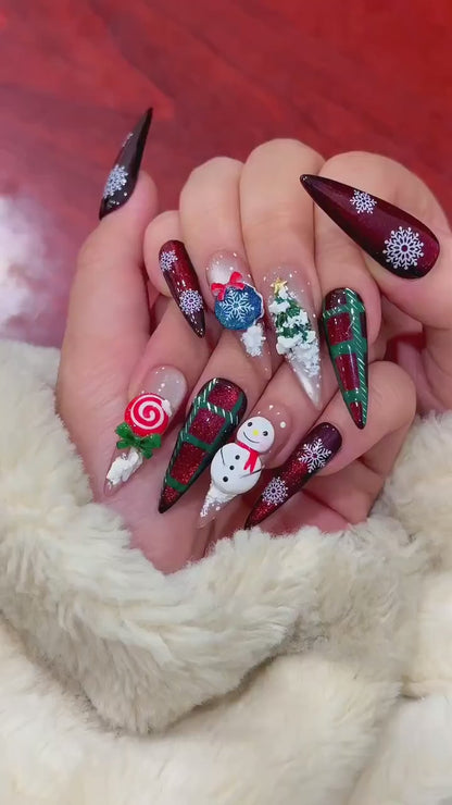 Winter Wonderland  Press On Nails For Christmas | Festive Holiday Nail Art | Red Glitter Snowflake Nails | Green Plaid Gift Wrap Design | JB232EC