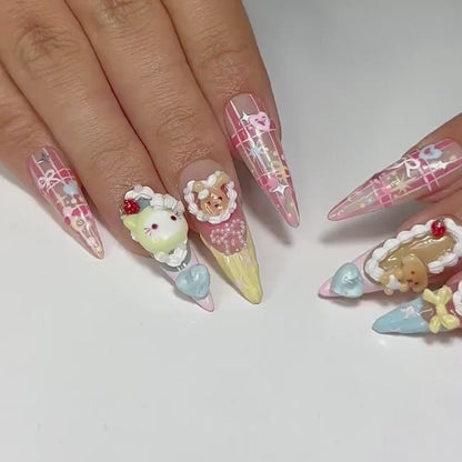 Pastel Fairy Kei Press On Nails | 3D Cartoon Bear Bunny Nail Art | Harajuku Kawaii Fake Nails | Cute 3D Kawaii Nails | cute cute nails |HB580YP