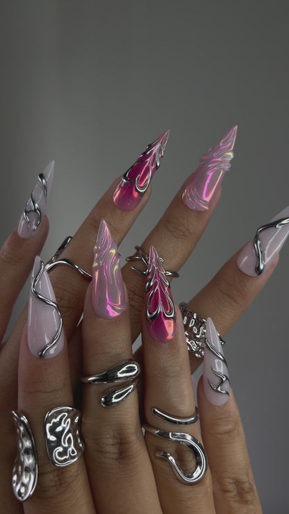 DoryNail Chrome Flame Aura Press On Nails | Pink Iridescent Nail Art | Metallic 3D Wave Design | Futuristic Chrome Nails | Handmade Statement Set