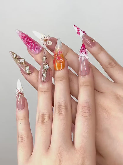 3D Floral Nude Press On Nails