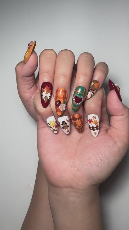 Fall Press On Nails, 3D Pumpkin Nails, Thanksgiving Almond Nail Art, Autumn Plaid Florals | OB702XT