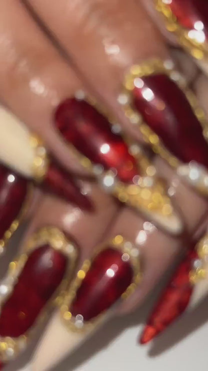 Red Chrome Luxury Press On Nails | Gold Frame Pearl Nail Art | Elegant Burgundy Stiletto Nails | Baroque Glam Nail Design | OC1305HC