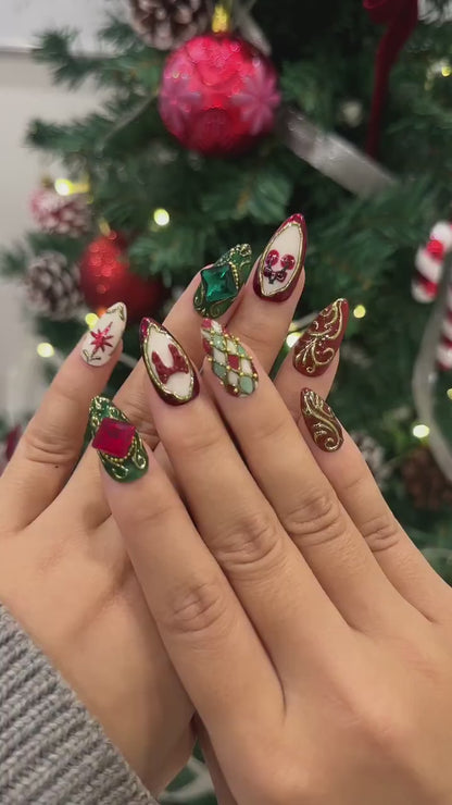 Gemstone Christmas Press On Nails | Red & Green Nails | Baroque Holiday Nail Art | Lux Christmas Press Ons | Elegant Festive Set| JB253HK