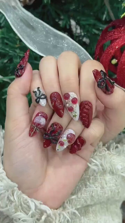 Glossy Cherry Bow Christmas Press On Nails | Red Jelly 3D Ribbon Nails | White Sparkle Holiday Set | Luxury Festive Press Ons | DC929EC