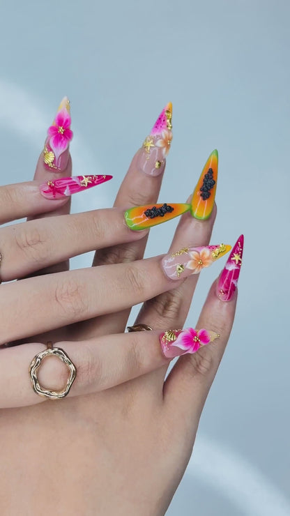 3D Tropical Papaya & Ocean Nails | Summer Starfish Seahorse Press Ons | Juicy Fruit Botanical Luxury Stiletto Art | OB368IC