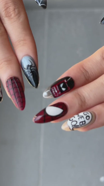 Spider Web Press On Nails with Comic Art | Red Black Superhero Almond Nails | Gothic Web Nail Art for Halloween & Cosplay | OB490UC