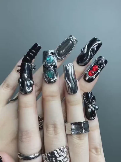 Gothic Black Press On Nails | Dark Silver Nail Art with Red Stones | Handmade Luxury Nails | Statement Gift for Her | OB1255GC